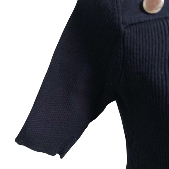 Tahari Navy Ribbed Square Neck Elbow Sleeve Sweater Button Detail Size Small - Picture 4 of 11